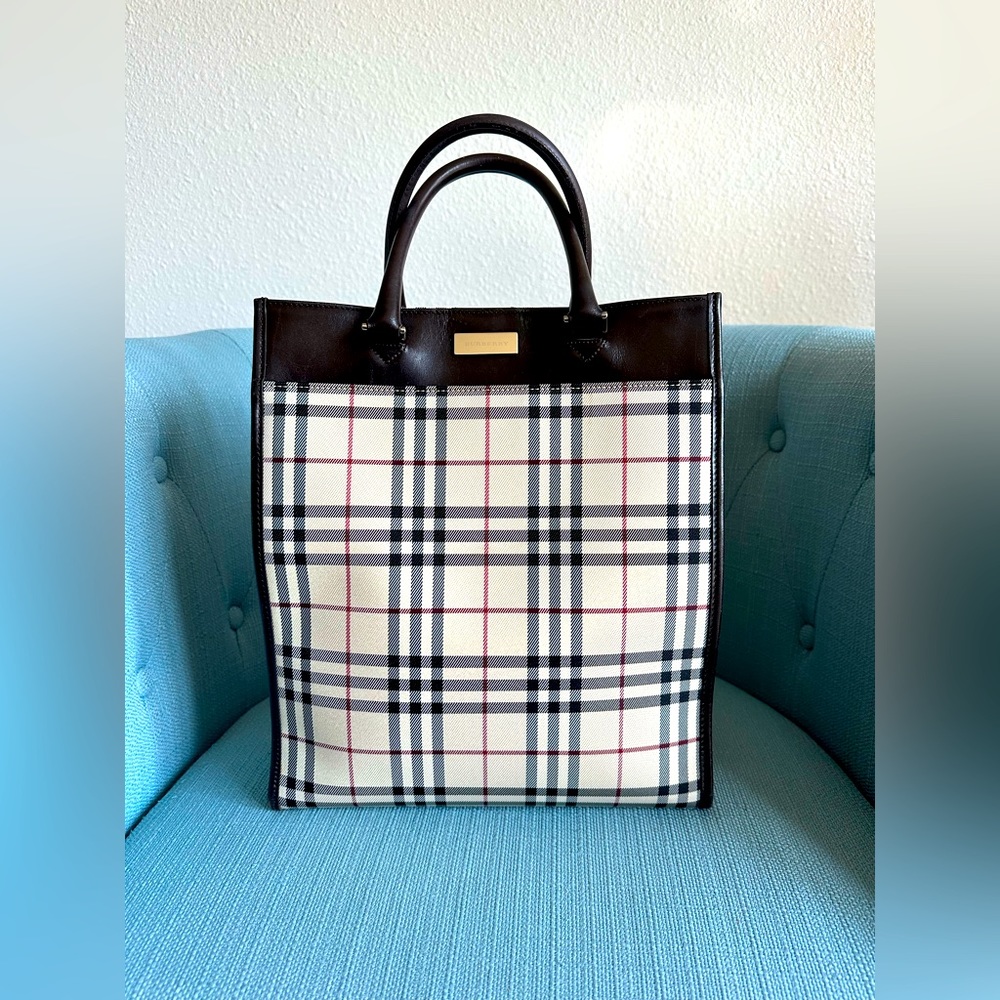 Authentic Burberry Check and Leather Tote Rectangle Bag